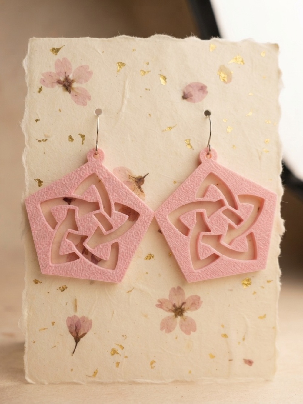 Handcrafted Pink Celtic Knot Pentagon Earrings